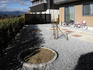 ギンマサキの生垣がきれいな御影砂利敷きの明るいお庭